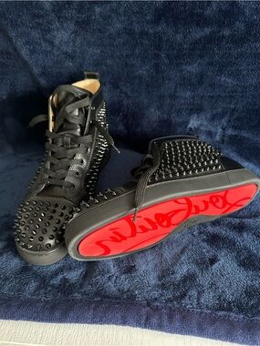 Christian Louboutin Black Studded High-Top Sneakers with Red Sole